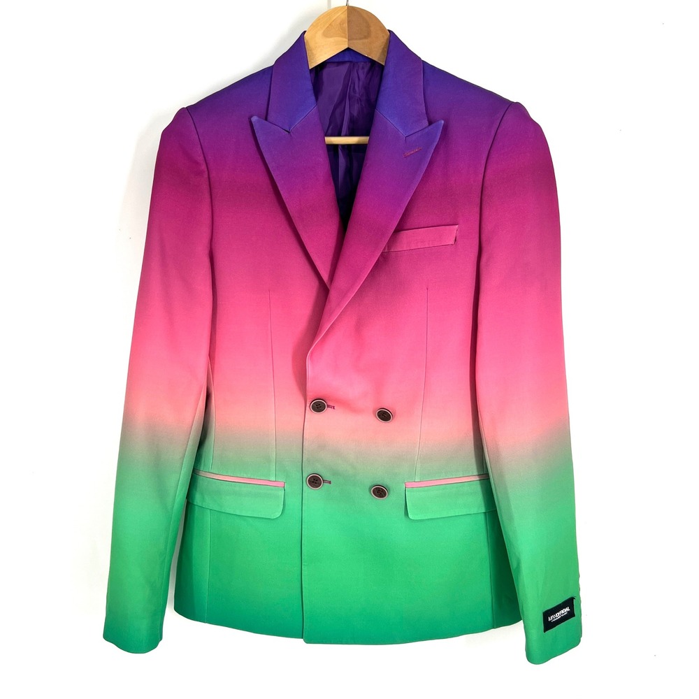 BoohooMAN Mens Ombre Gradient Blazer Purple Pink Green Double Breasted Size 34